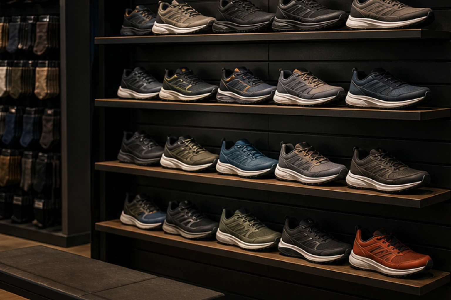running shoe wall with premium trainers layered soles and darker retail lighting