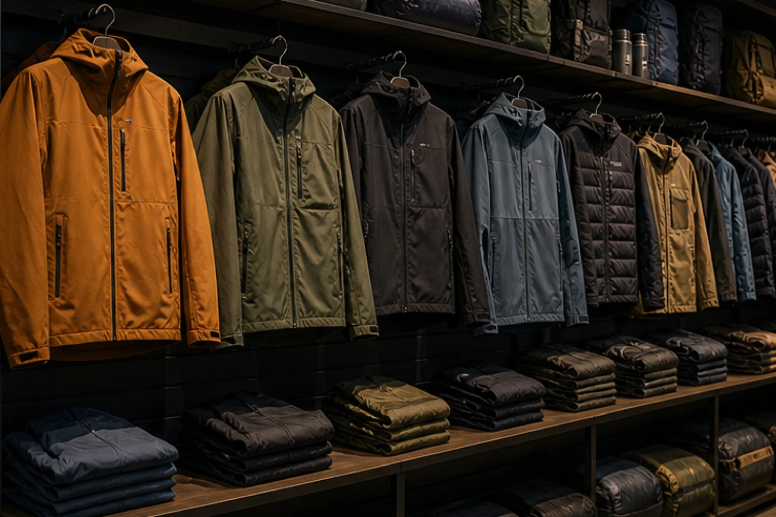 technical outerwear wall with trail jackets shells and calm high-performance styling