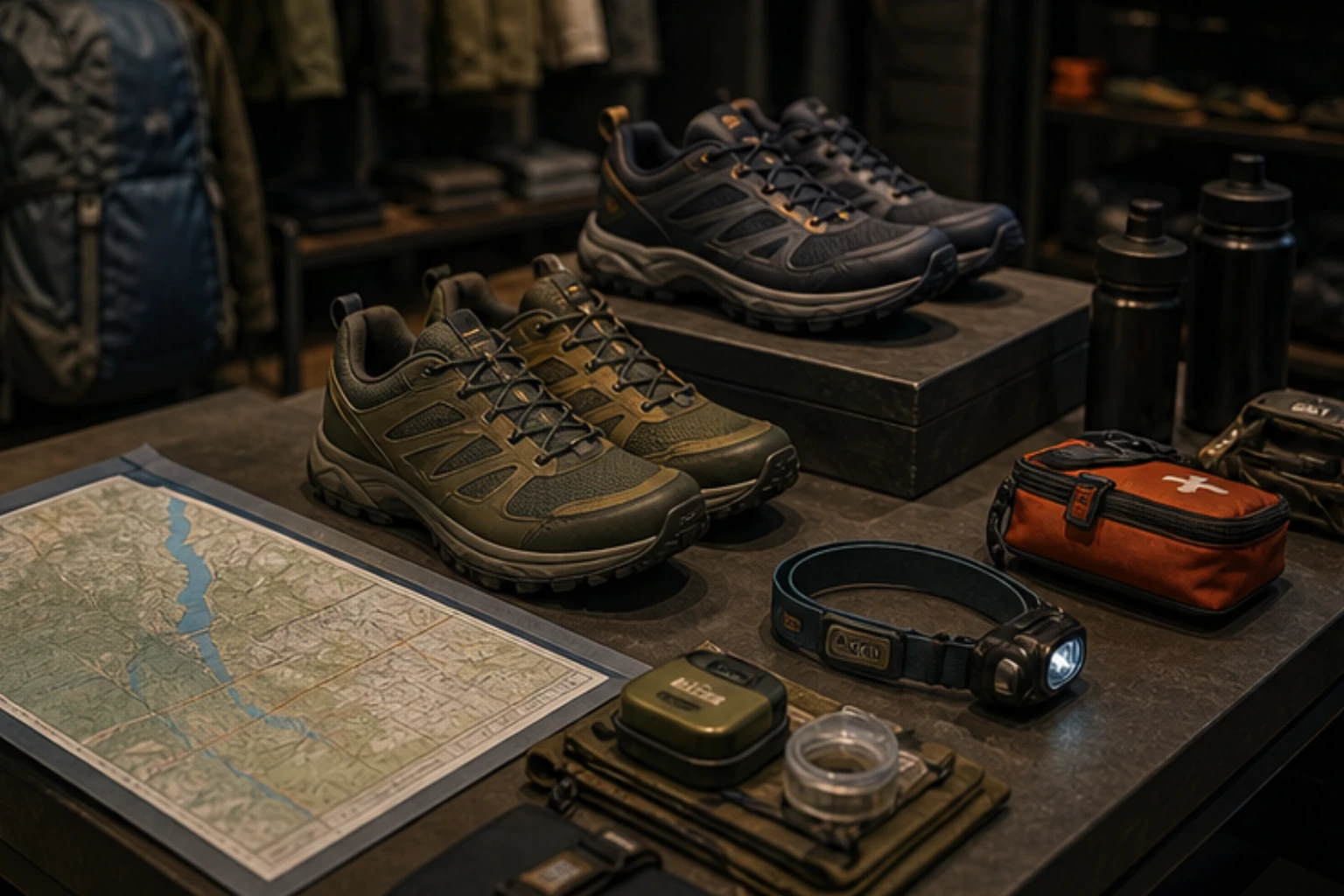 hiking table with trail shoes maps headlamps and outdoor accessories