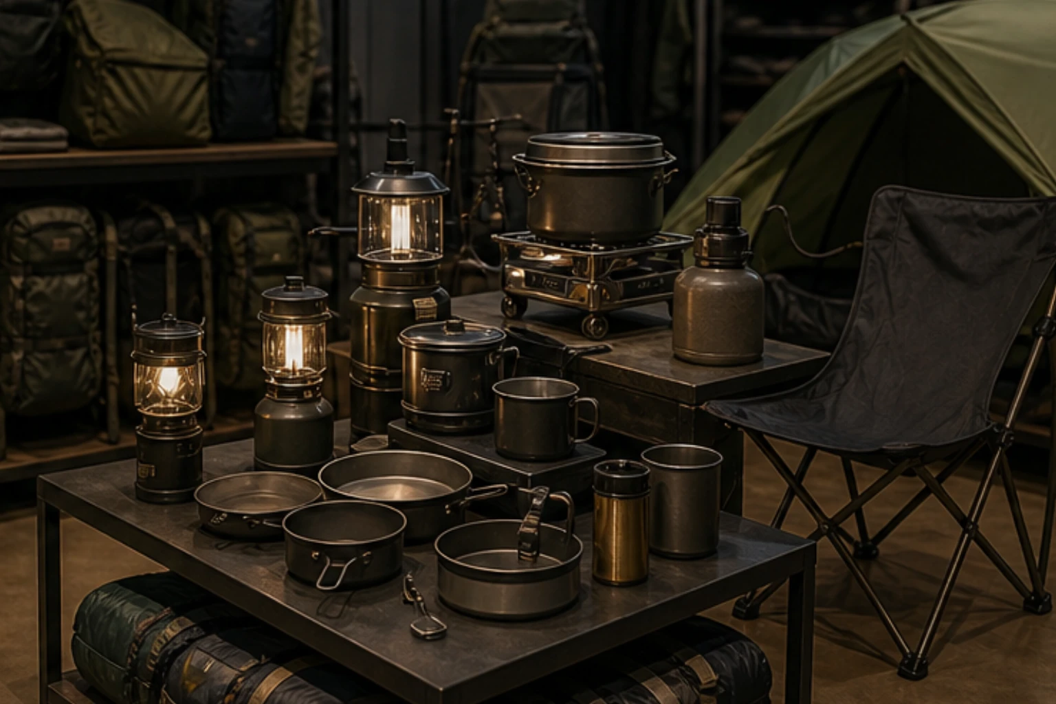camping gear display with lanterns cookware folded chairs and tents accessories