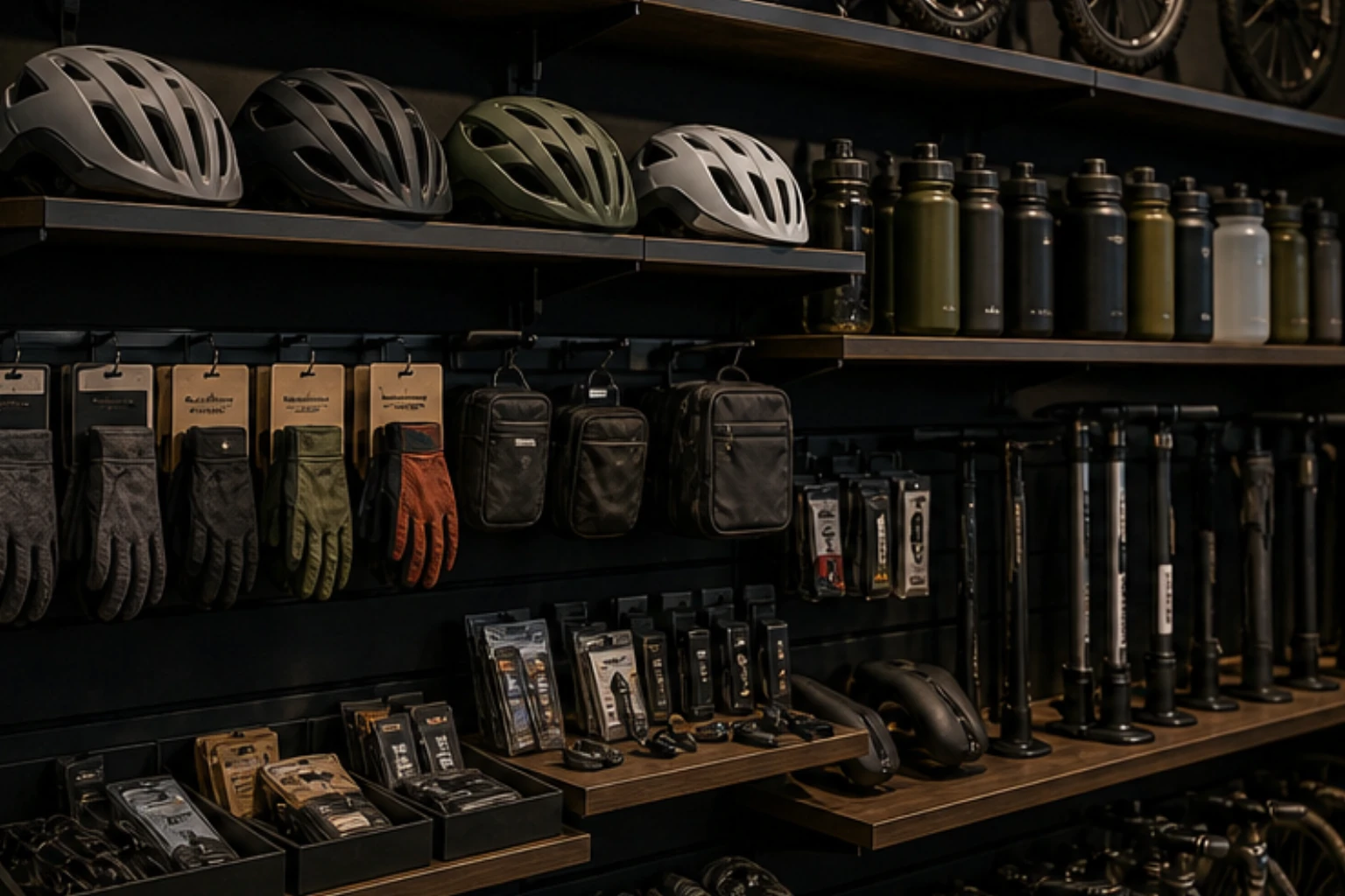 bike accessory shelf with helmets bottles gloves pumps and performance details