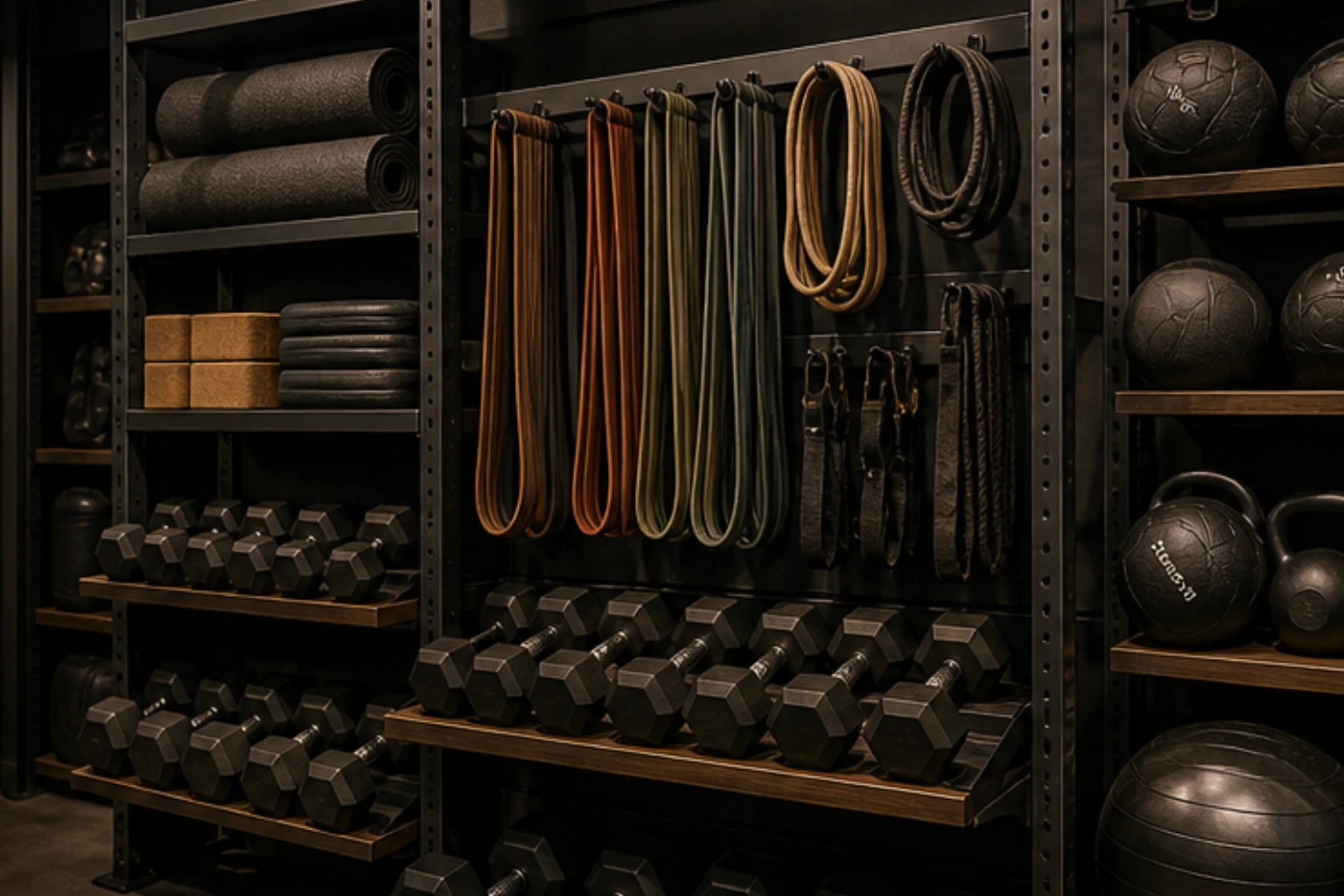 training rack with bands mats dumbbells and premium gym accessories