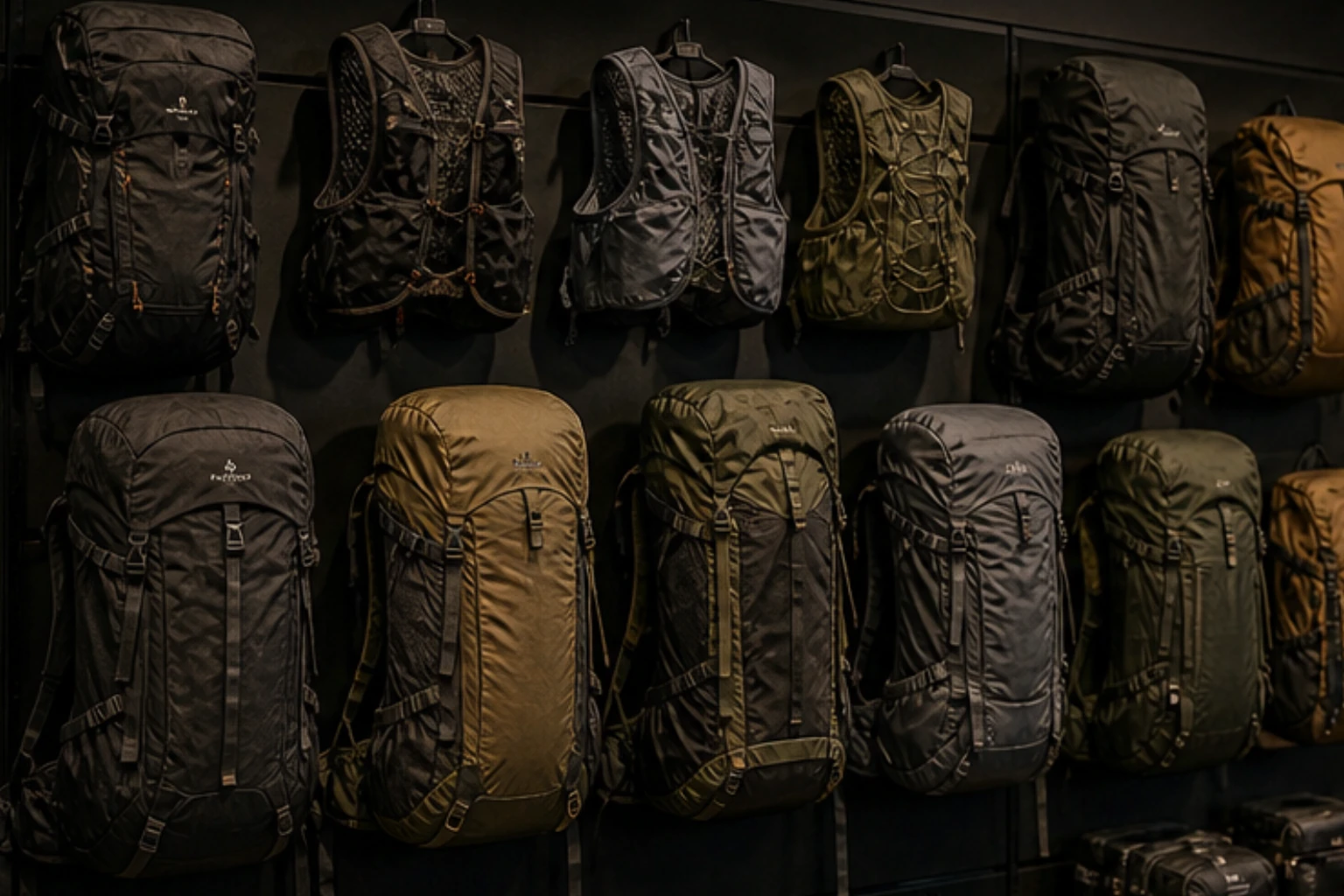 trail backpack display with hydration packs waist belts and hiking carry systems