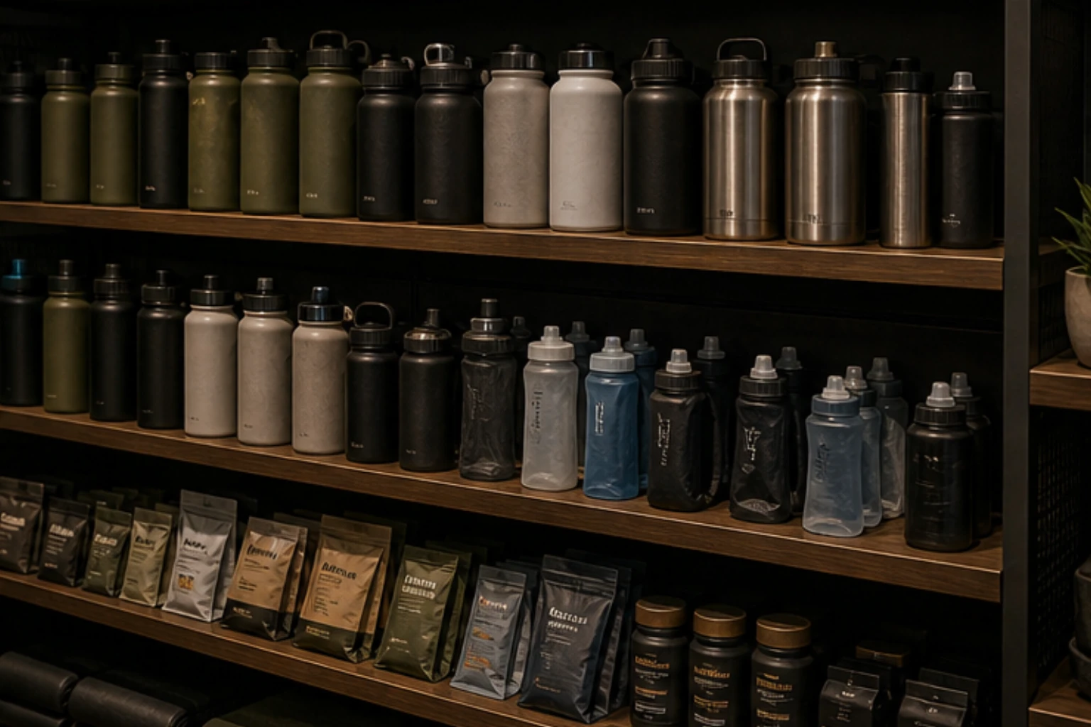 hydration shelf with flasks bottles electrolytes and outdoor drink gear