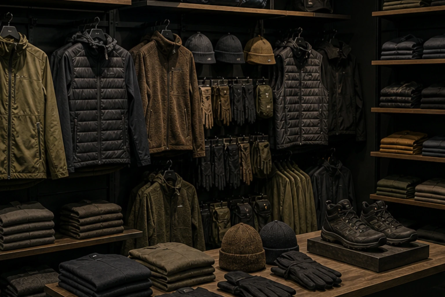 seasonal activewear display with insulated layers gloves beanies and trail textures