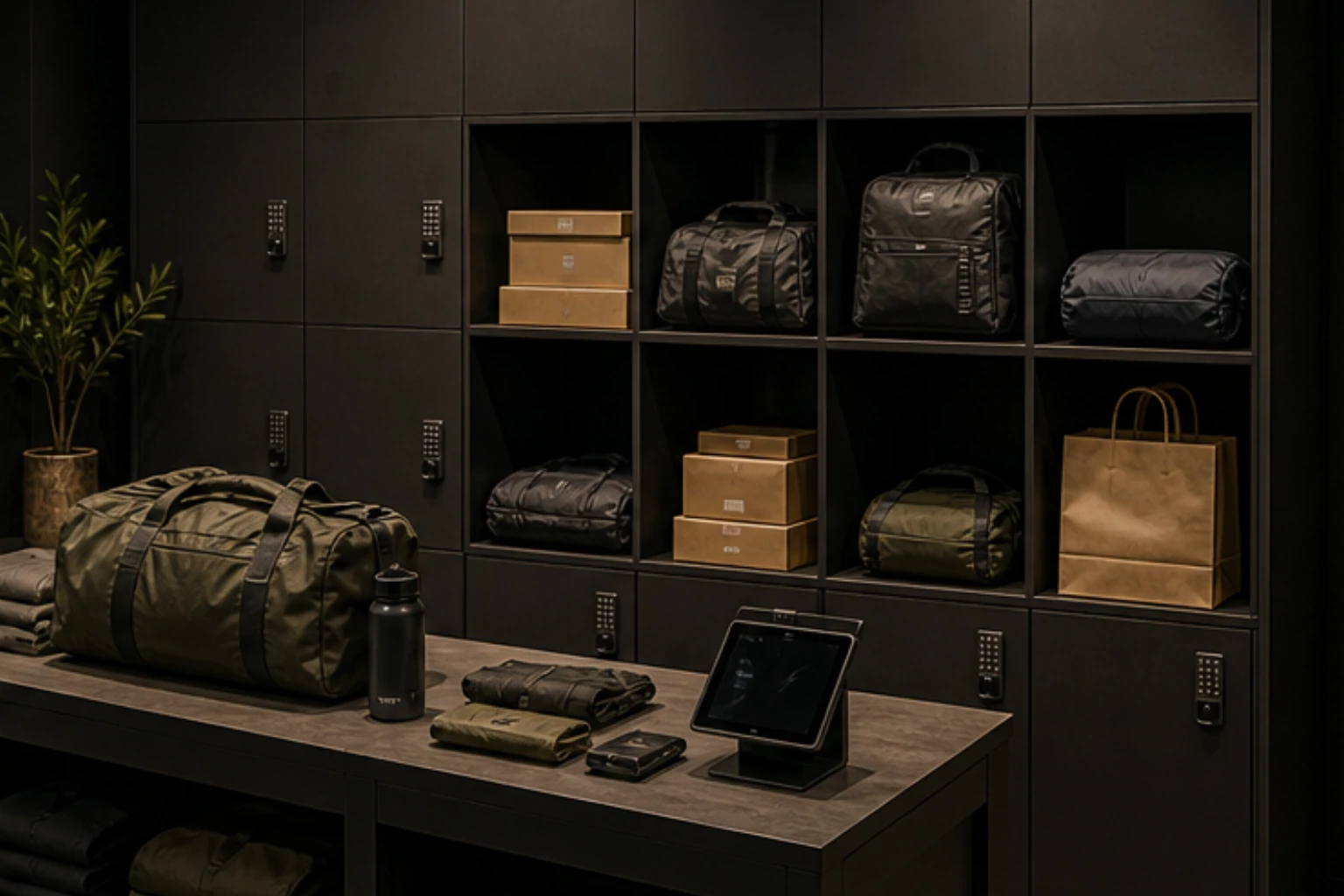 pickup locker zone with packed sport orders duffels and organized handoff staging