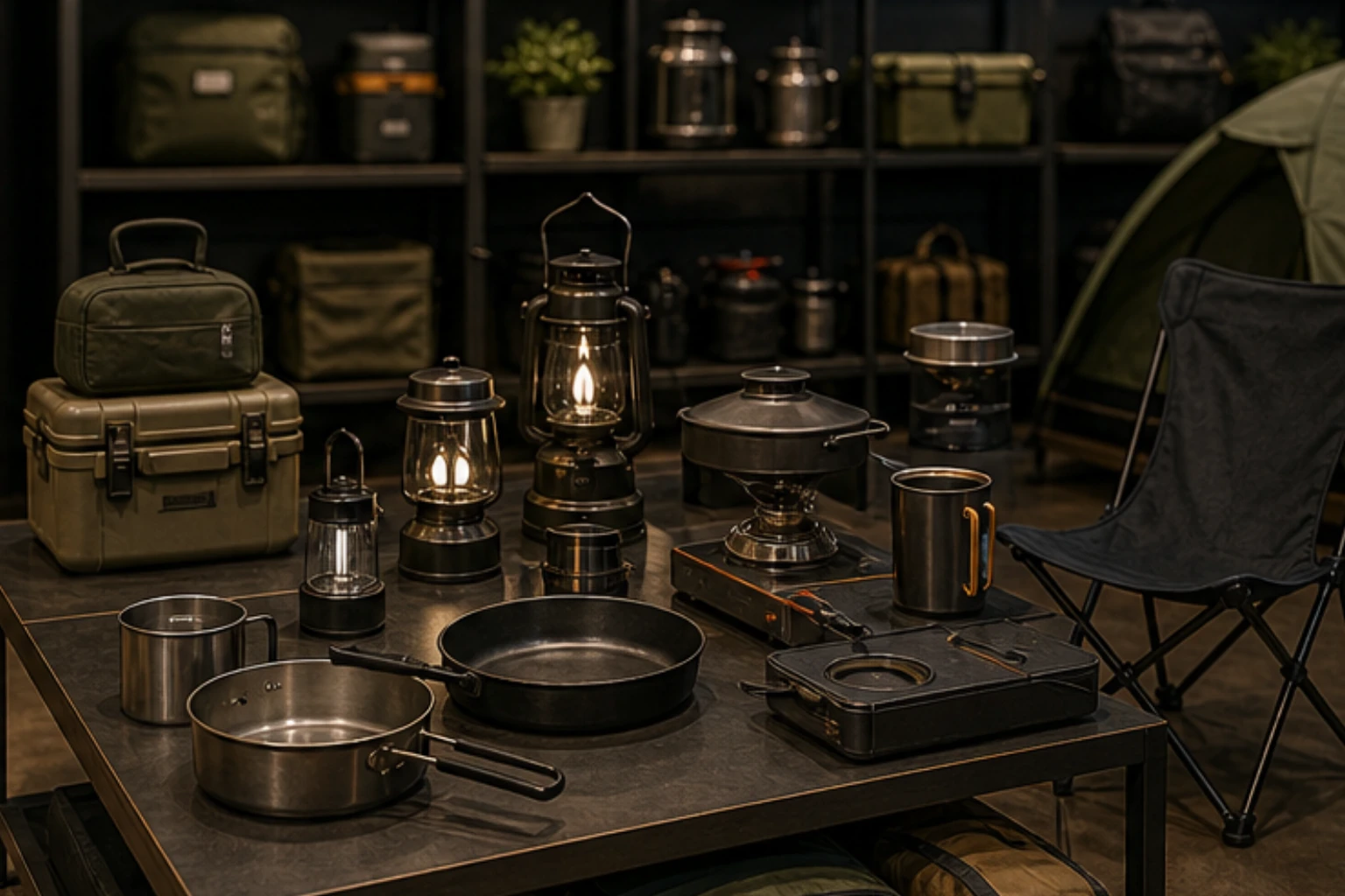 camp and getaway gear with lanterns cookware stools and compact carry cases