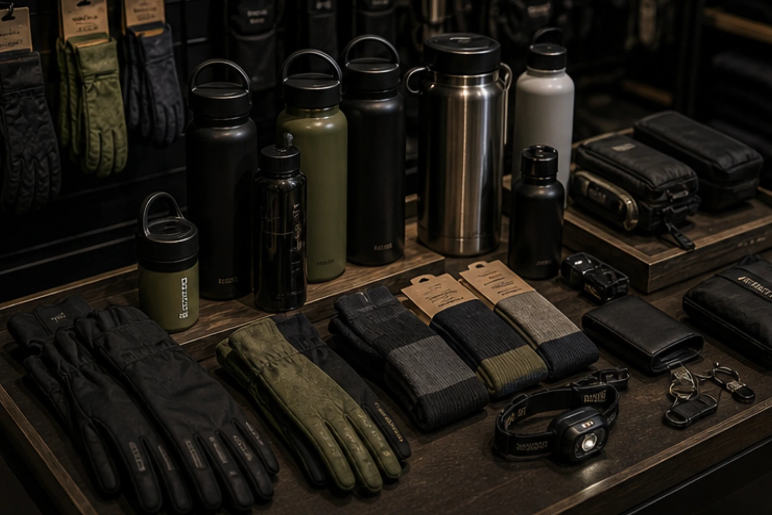 sport accessory edit with bottles gloves headlamps socks and compact utility pieces